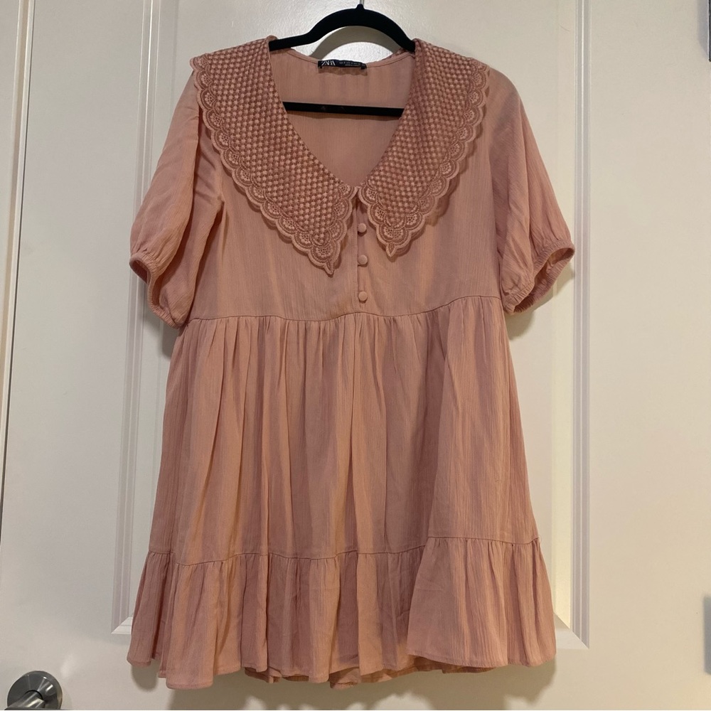 ZARA Tiered Pale Pink Embroidered Lapel
Mini Dress size small